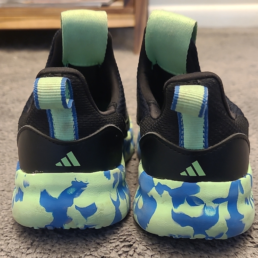Adidas Kids Black Sneakers with Neon Green & Blue Accents - Picture 6 of 7